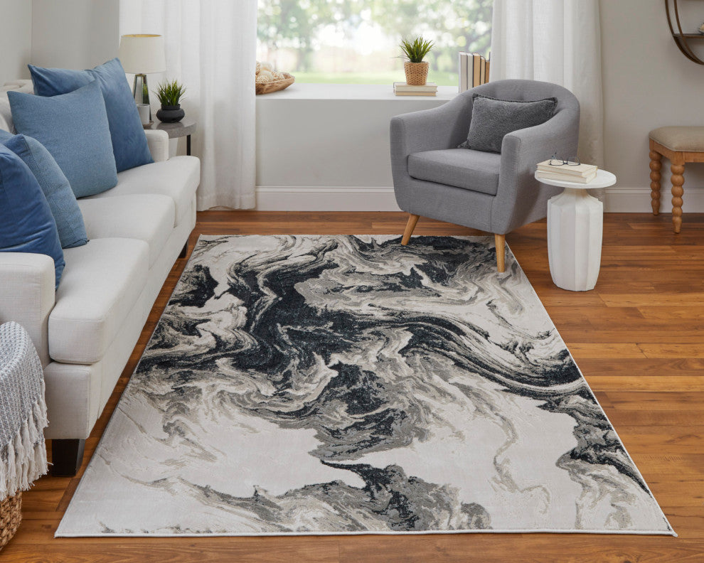 Orin Modern Abstract, Ivory/Black/Taupe, 5'x8' Area Rug