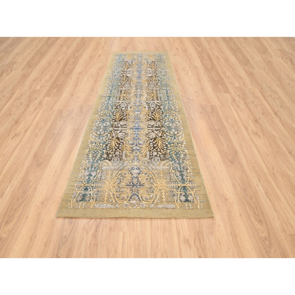Honey Brown, Silk With Textured Wool, Hand Knotted, Runner, Rug, 4'0" x 12'0"