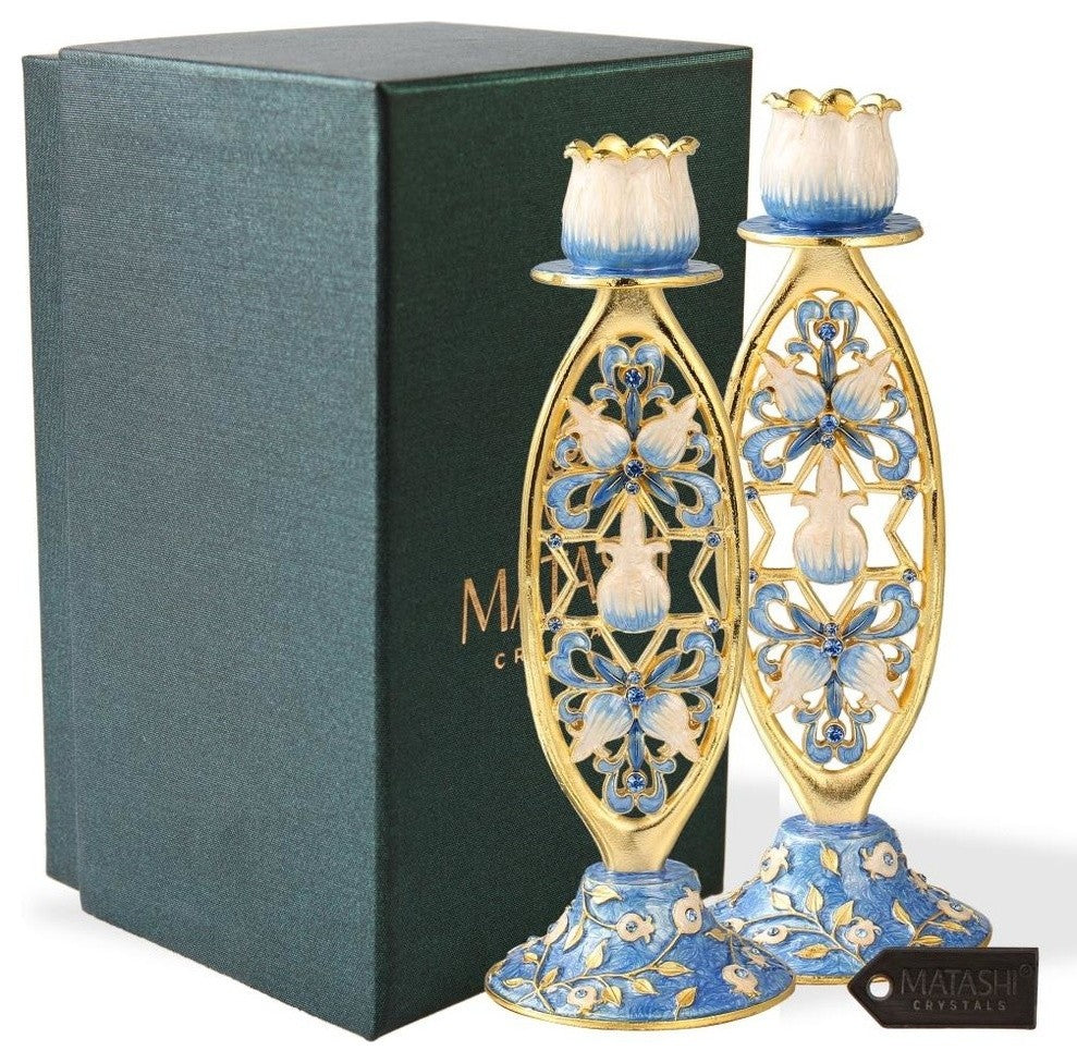Shabbat Candlestick (2-Piece Set) Hand-Painted  Gold-Plated Pewter