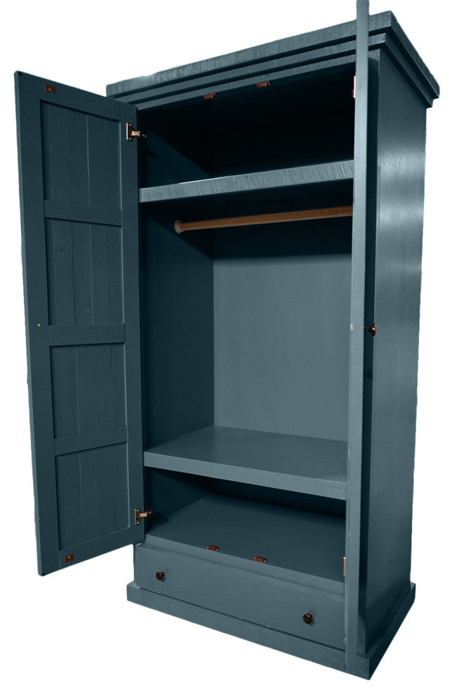 Farmhouse Extra Wide Solid Wood Wardrobe With Shutter Doors, Smokey Blue