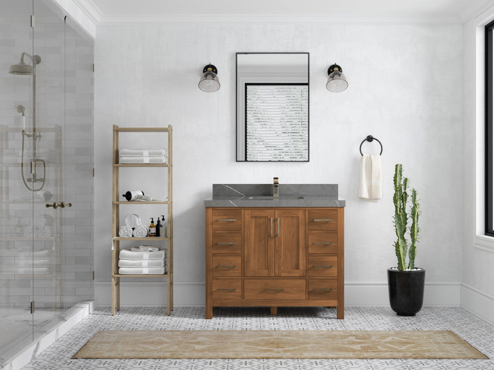 Malibu Teak 42 Single Sink Bath Vanity in Golden Teak 2" Piatra Gray