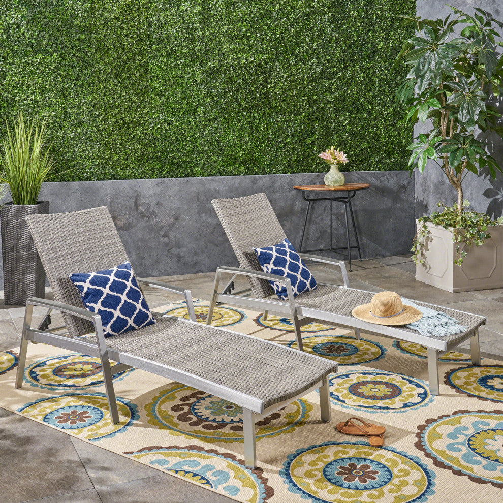 GDF Studio Joy Outdoor Wicker and Aluminum Chaise Lounges, Set of 2
