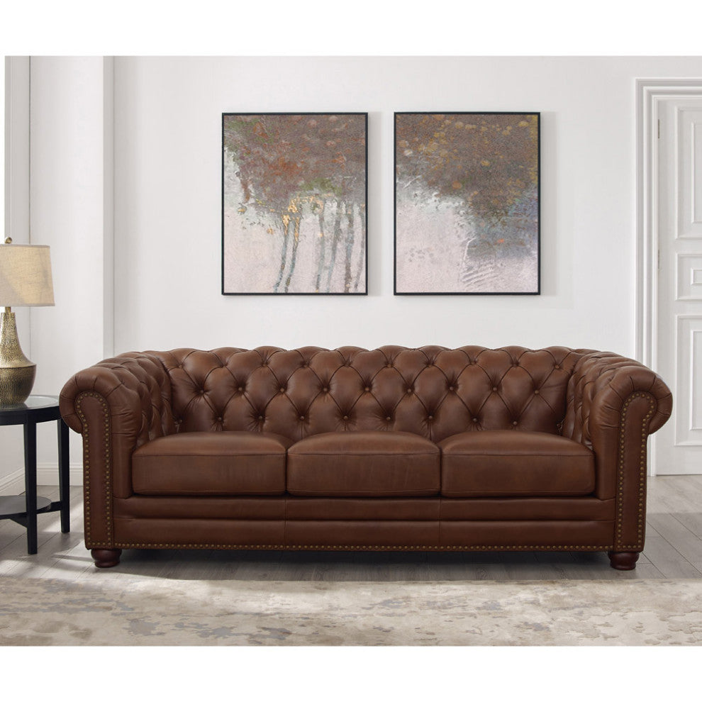 Hydeline Aliso 100% Leather Chesterfield Sofa Set, Pecan Brown, Sofa