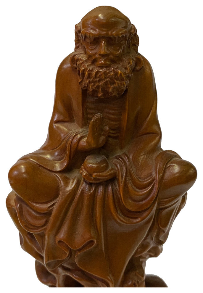 Chinese Brown Zen Master Damo Deity Meditation Wood Statue, Hws2160