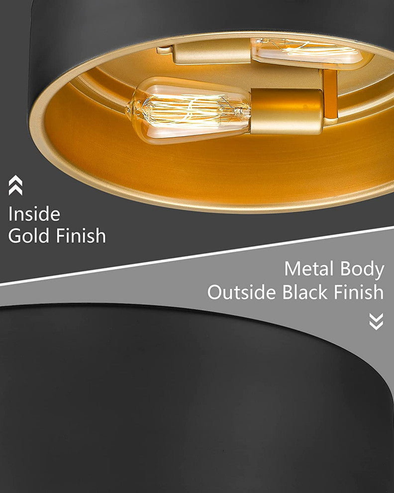 2 Light Close to Ceiling Lamp, Black and Gold Flush Mount