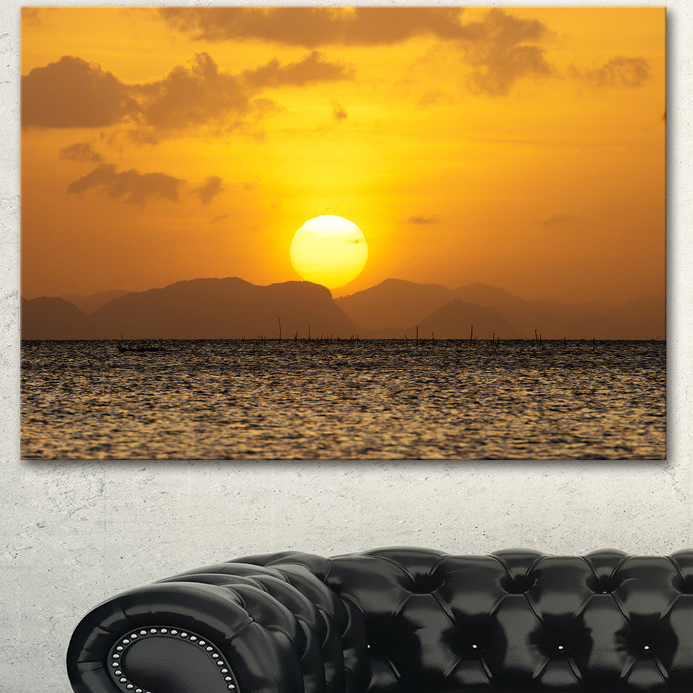 Yellow Sunset and Brown Ocean, Seashore Canvas Art Print, 60"x28"