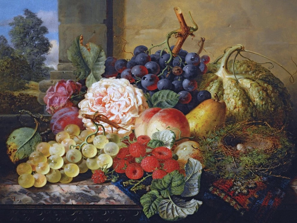 Grapes Raspberries Peach Pear E. Ladell Tile Mural Backsplash Art, 6"x8", Matte