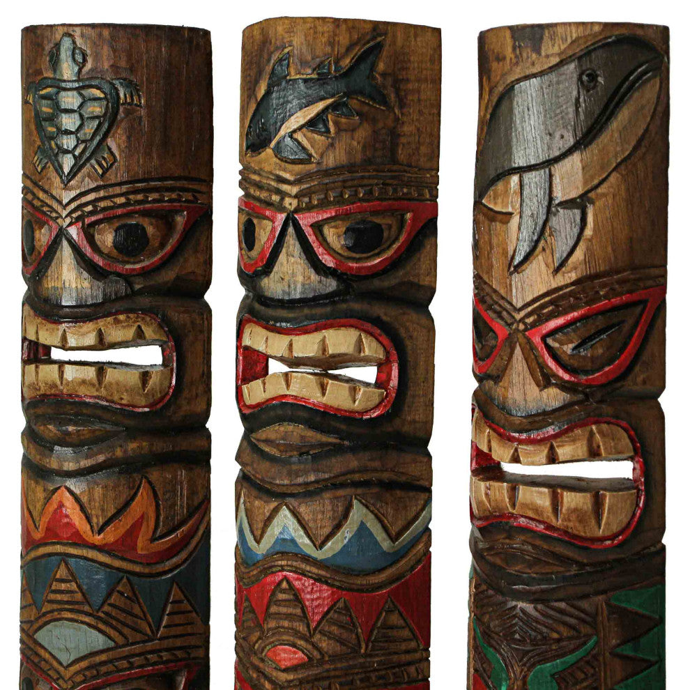 Set of 3 Double Tiki Mask Ocean Totem Hand Carved Wall Decor Sculpture 24 Inch