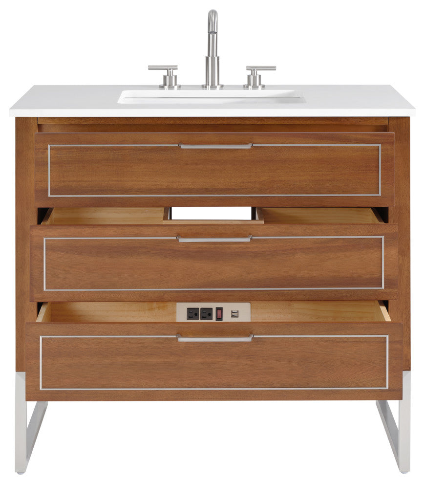 Markham Bathroom Vanity, Walnut/Brushed Nickel, 36", White Quartz Top