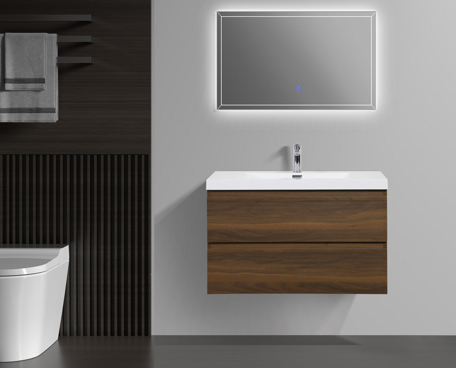 Alma-Pre Wall Mount Vanity With White Sink, Ebony Brown, 42"