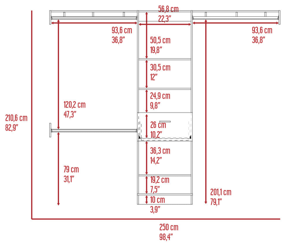 Cross 250 Closet System with Drawer, 3 Metal Rod, and 5 Open Shelves, Dark Waln