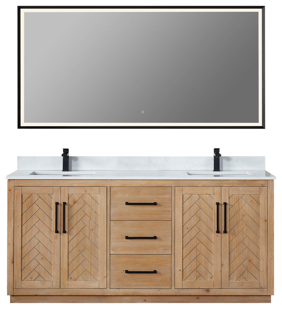 Anais Vanity Grain White Engineered Stone Countertop, Light Brown, 72", With Mirror