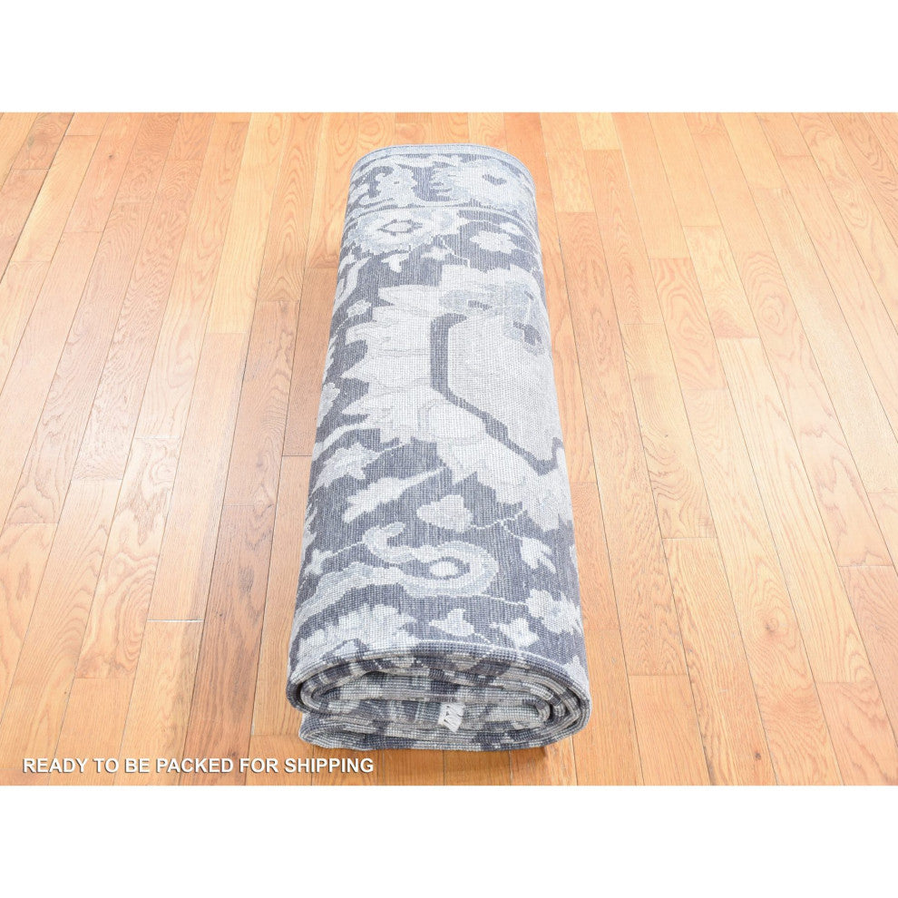 Thunder Gray, Hand Knotted Oushak Influence Silk Wool Oriental Rug, 7'9"x10'