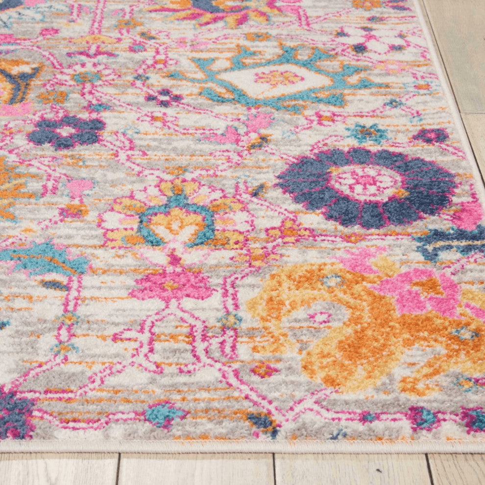 5' X 7' Gray and Pink Floral Power Loom Distressed Area Rug