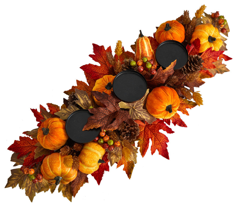 36" Autumn Maple Leaves, Pumpkin and Berries Harvest Candelabrum Arrangement