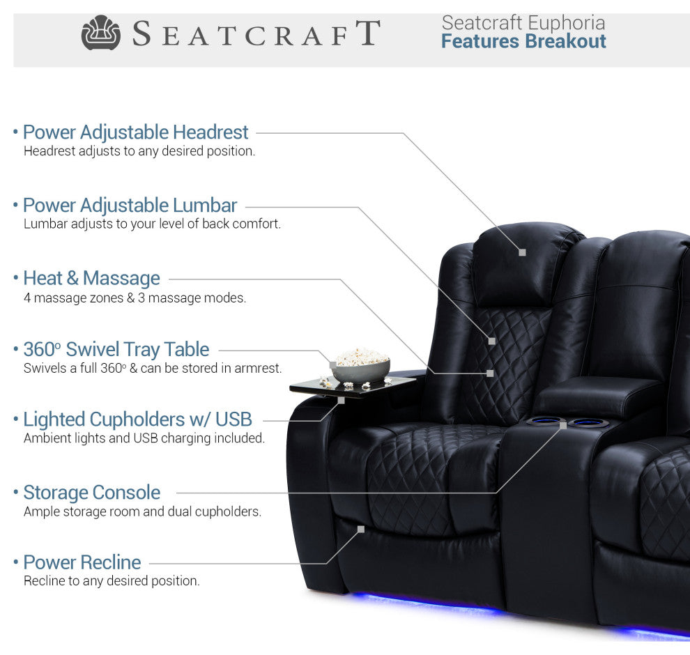 Seatcraft Euphoria Home Theater Seating, Black, Loveseat and Sofa