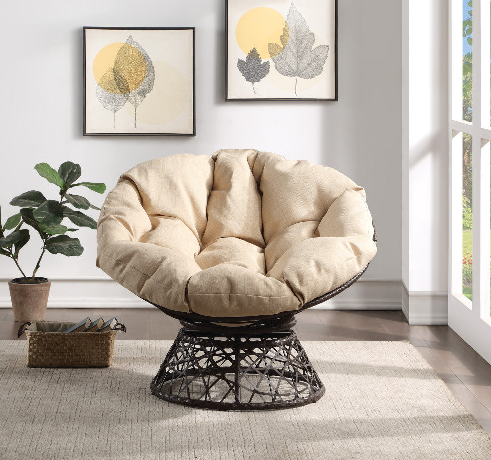 Papasan Chair With Cream Round Pillow Cushion and Brown Wicker Weave