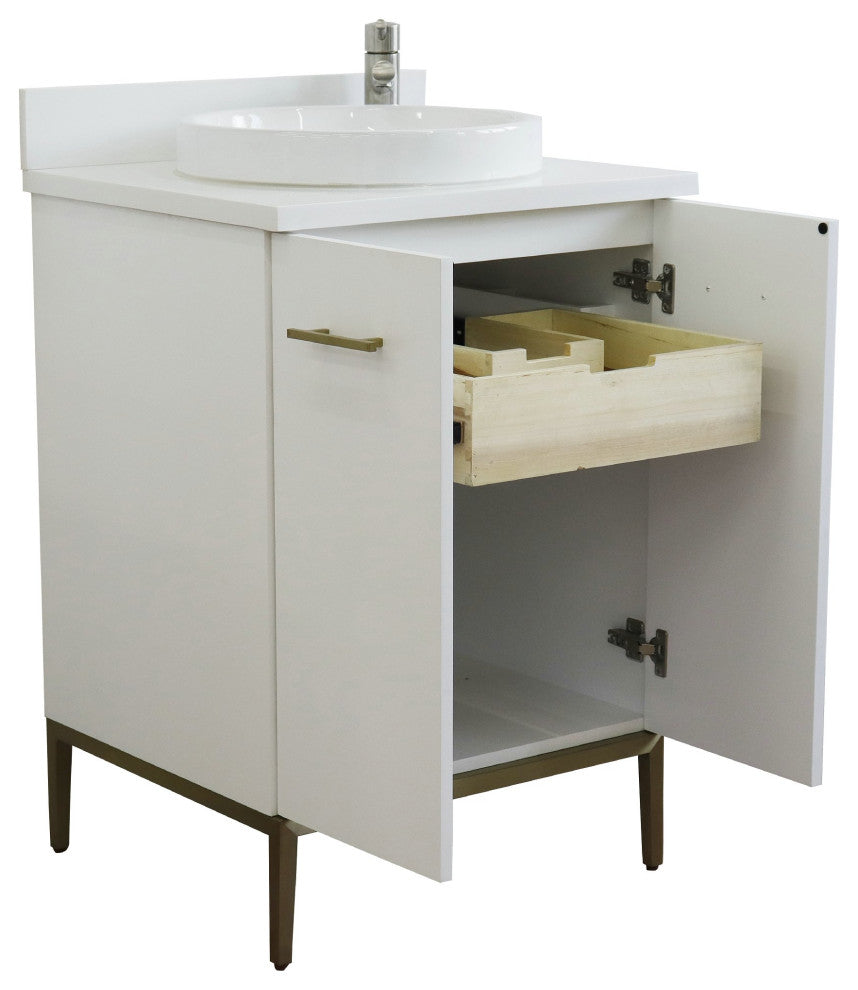 25" Single Sink Vanity, White Finish With Engineered Stone Top And Round Sink