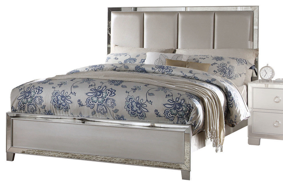 Voeville II Mirrored Bed With Upholstered Headboard, Platinum, Eastern King