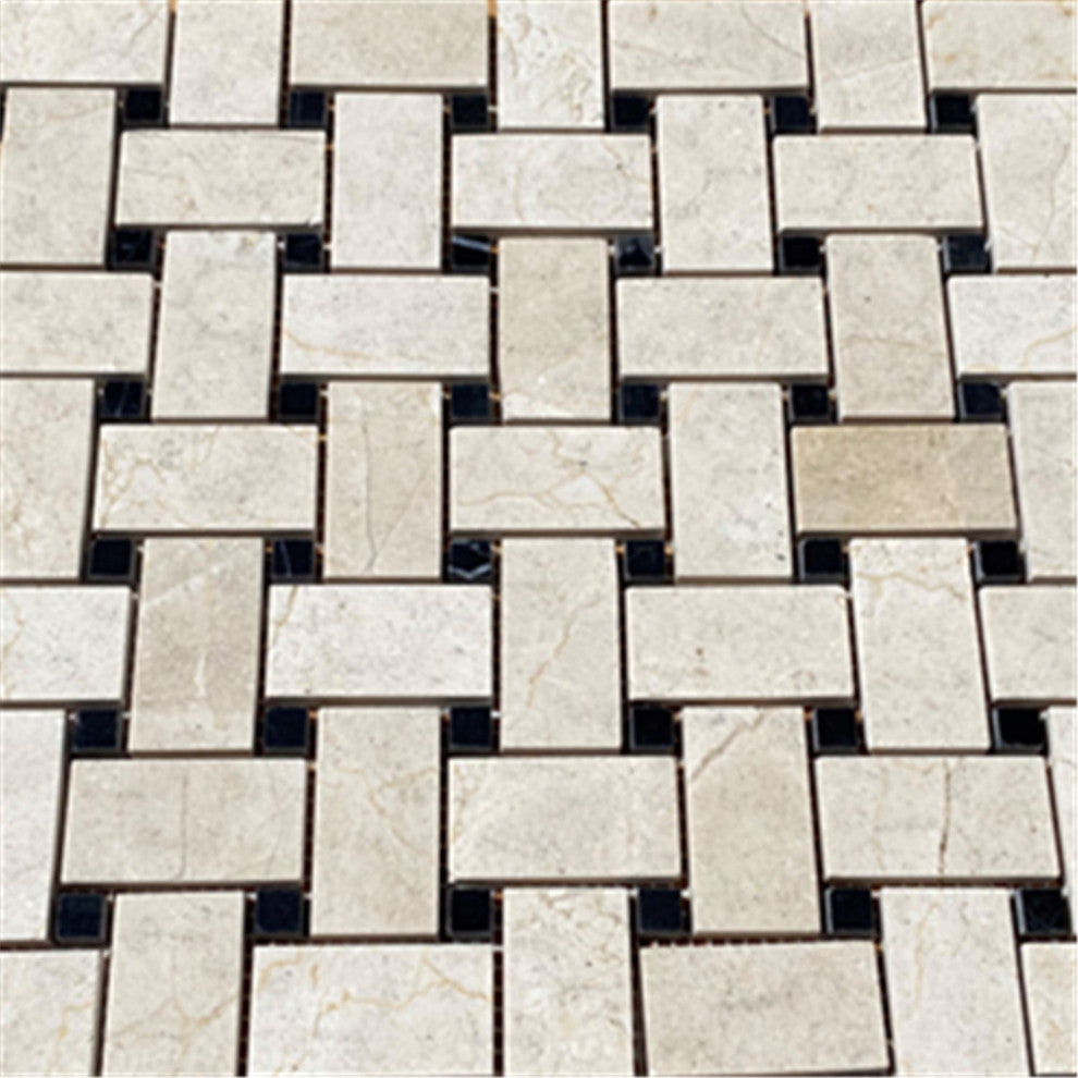 Crema Marfil Marble 1x2 Basketweave Mosaic Tile Black Dots Polished, 1 sheet