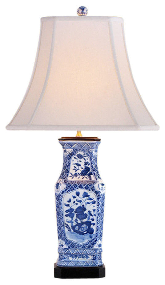 Blue and White Rectangular Floral Porcelain Vase Table Lamp 28"