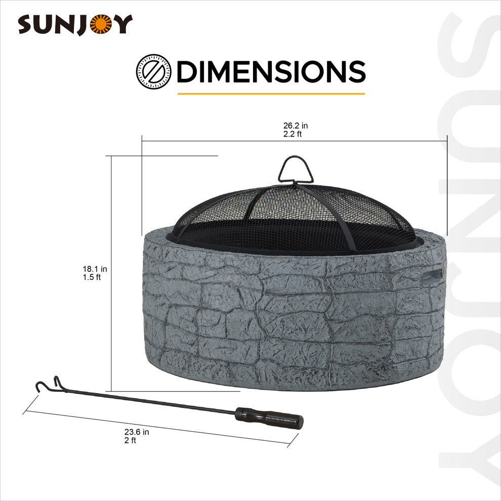 Sunjoy Stone 26" Round Wood Burning Firepit for Outside, Stone Gray