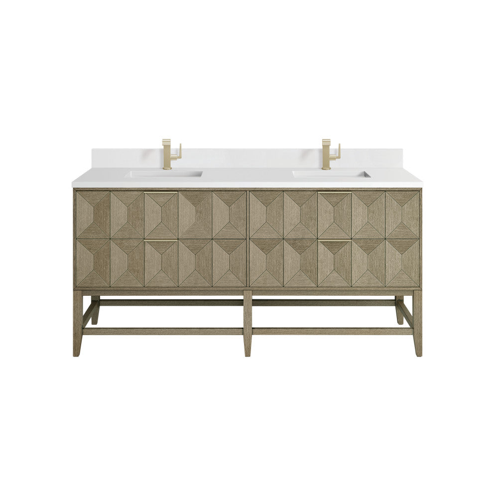 Emmeline 72" Double Vanity, Pebble Oak, Single Hole White Zeus, Backsplash