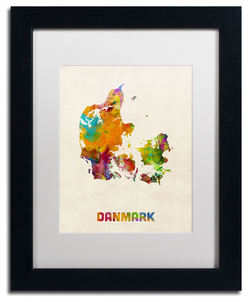 'Denmark Watercolor Map' Matted Framed Canvas Art by Michael Tompsett