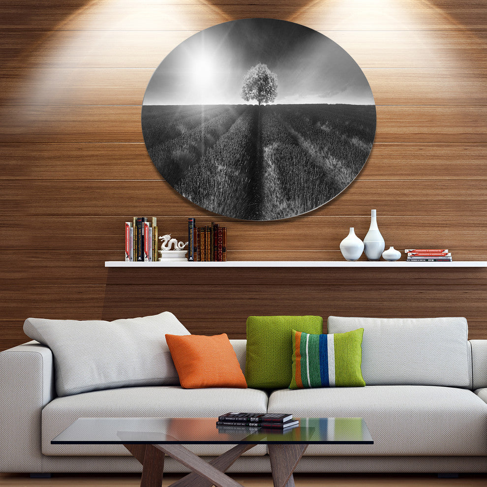 Beautiful Black White Lavender Field, Landscape Disc Metal Artwork, 11"