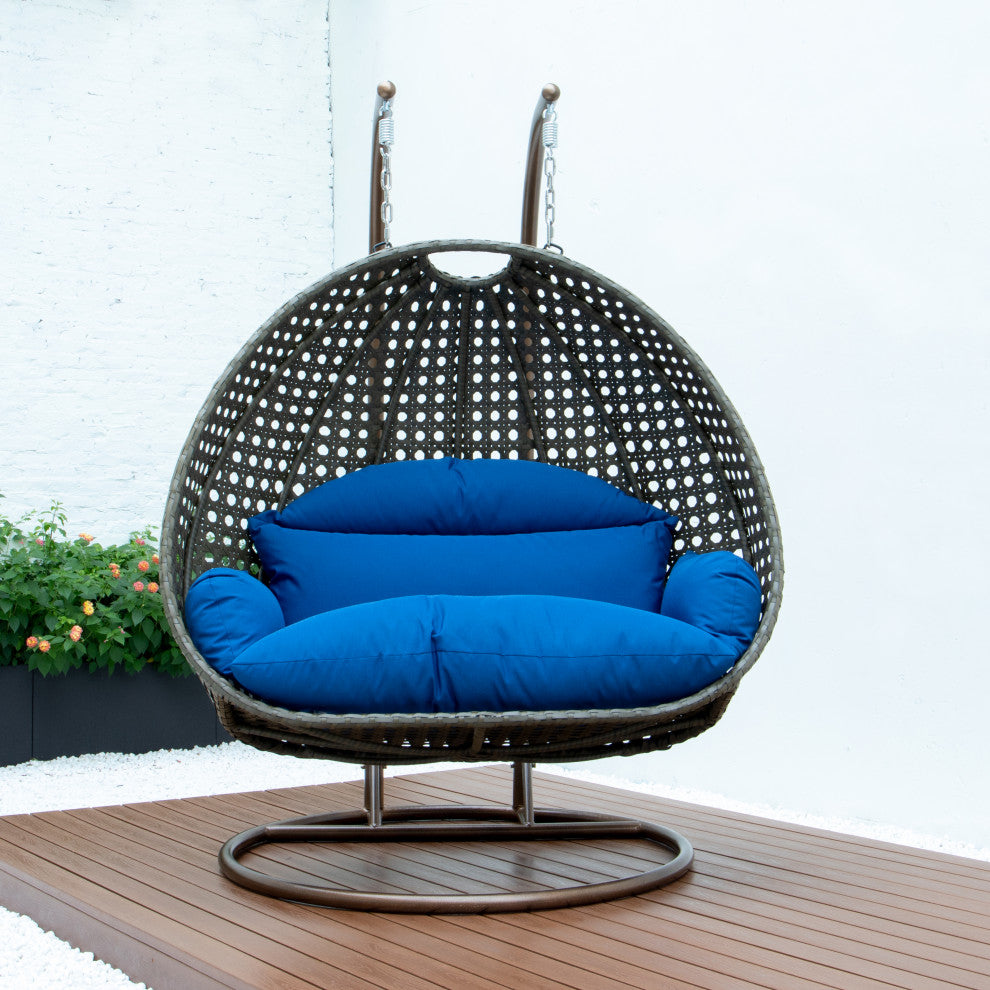 2 Person Beige Wicker Double Hanging Egg Swing Chair, Blue