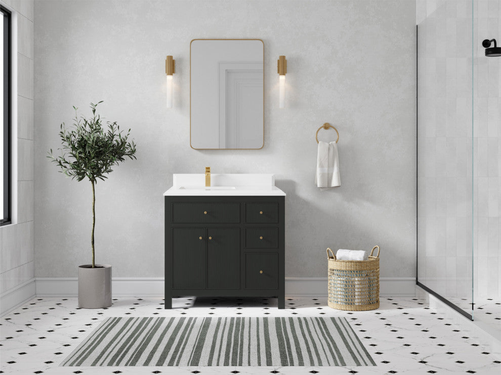 Sonoma 36" Left Offset Reeded Bath Vanity, Black Top 1.5" White Quartz