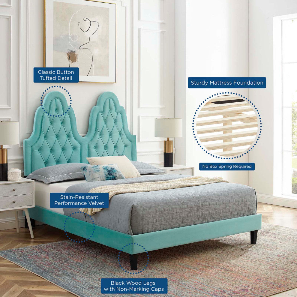 Tufted Platform Bed Frame, Twin Size, Velvet, Blue, Modern Contemporary, Bedroom