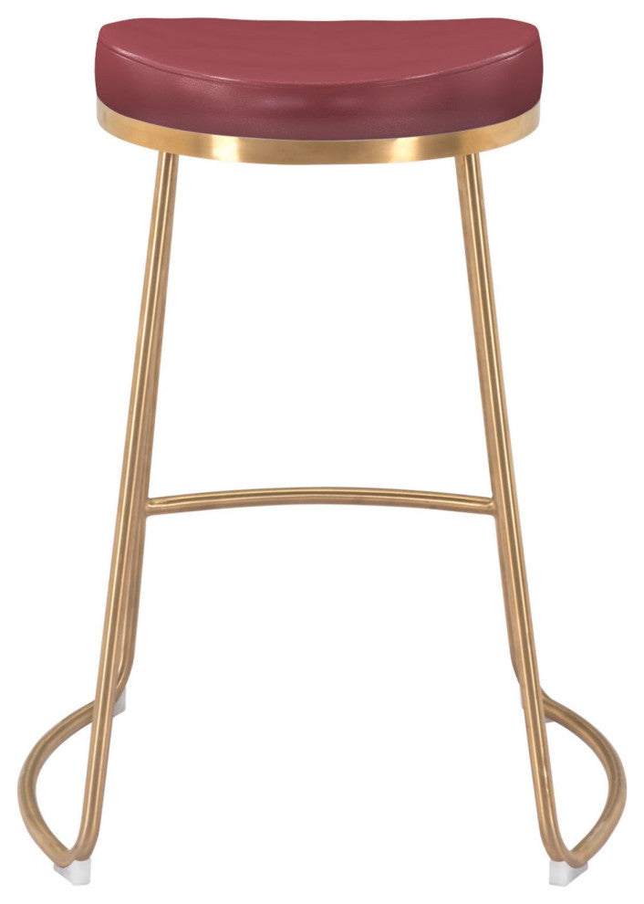 Counter Stool Chair, Set of 2, Faux Vinyl Leather, Steel, Burgundy, Gold, Cafe