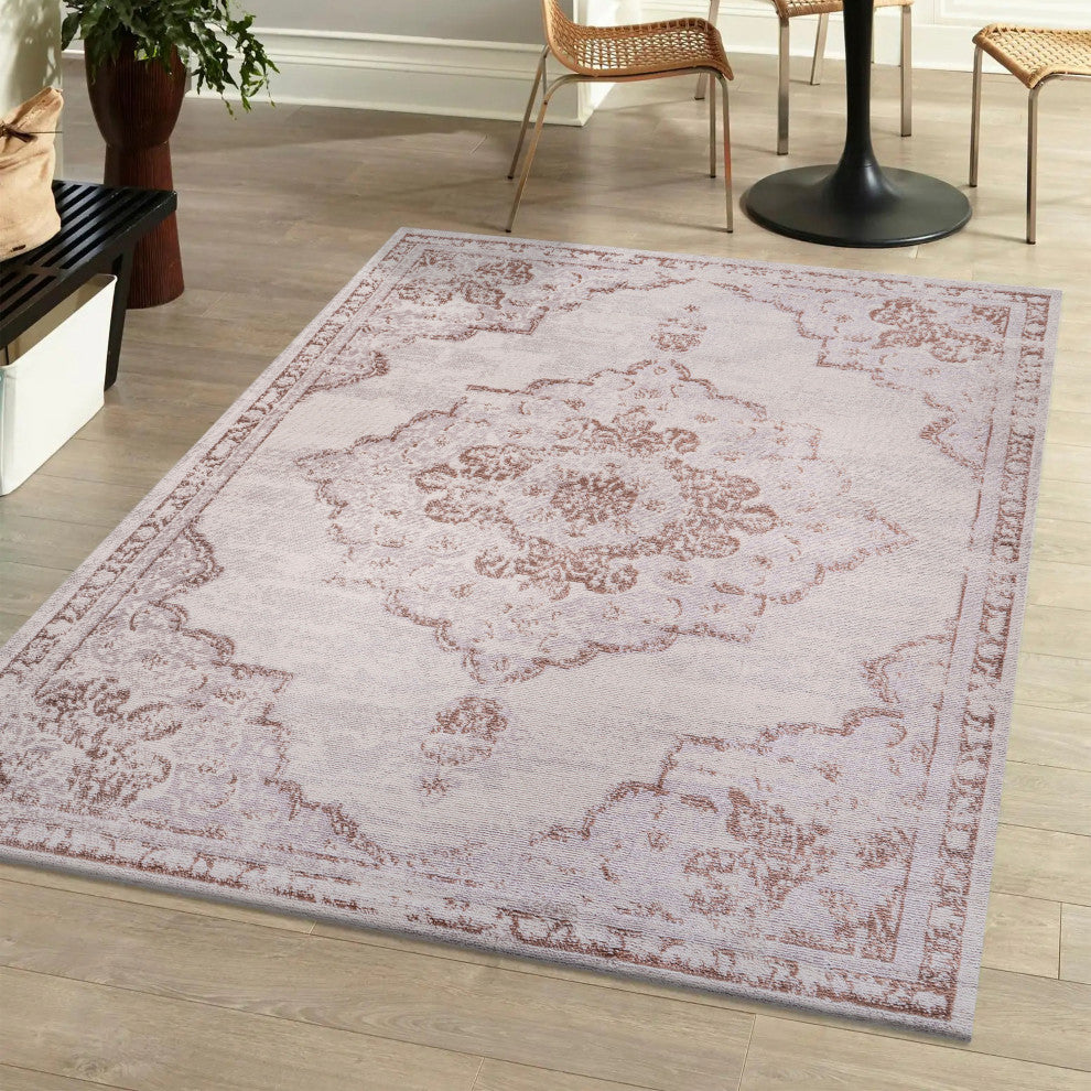 Alhambra Ornate Medallion Modern Runner Rug, Cream/Red, 5x8
