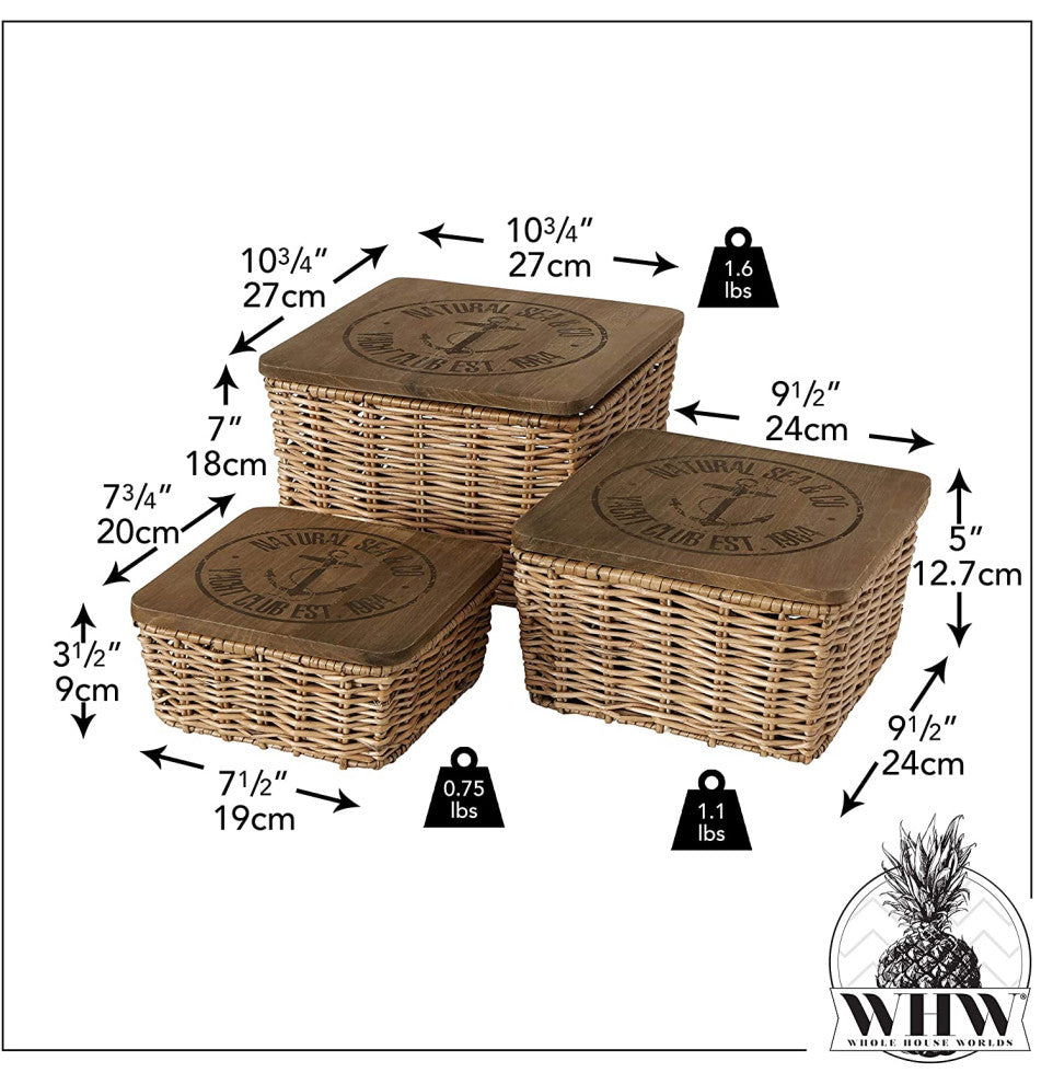 3 Piece Wicker Boxes and Wooden Lids Set