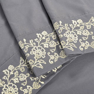 Serenta Lei Embroidered 4 Piece Bed Sheet Set, Silver Gray, Queen