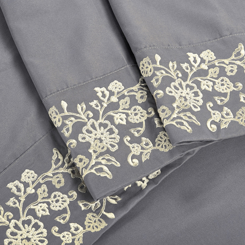 Serenta Lei Embroidered 4 Piece Bed Sheet Set, Silver Gray, Queen