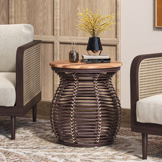 Quito Rattan Side/ End Table  w/ Wood Top, Paloma Brown