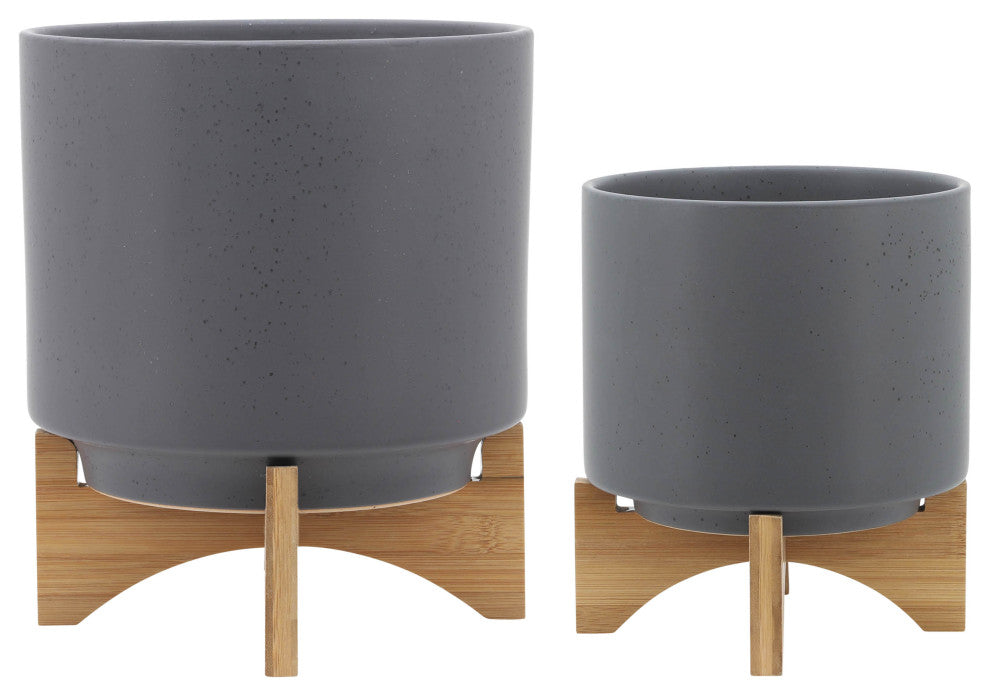 2-Piece Set Planter With Wood Stand, Matte Gray