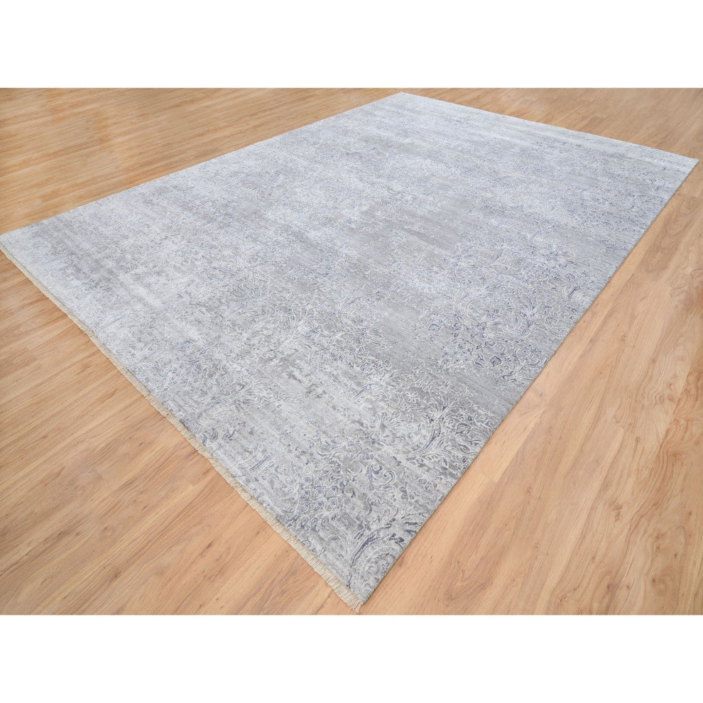Ivory, Hand Knotted Damask Design, Wool and Plant Based Silk Rug, 10'0" x 13'10"