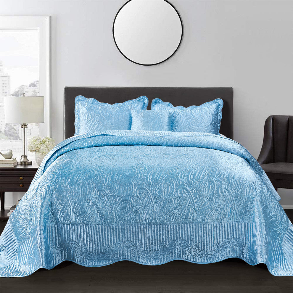 Matte Satin Quilted 4 Piece Bedspread Set, Aquatic, Queen