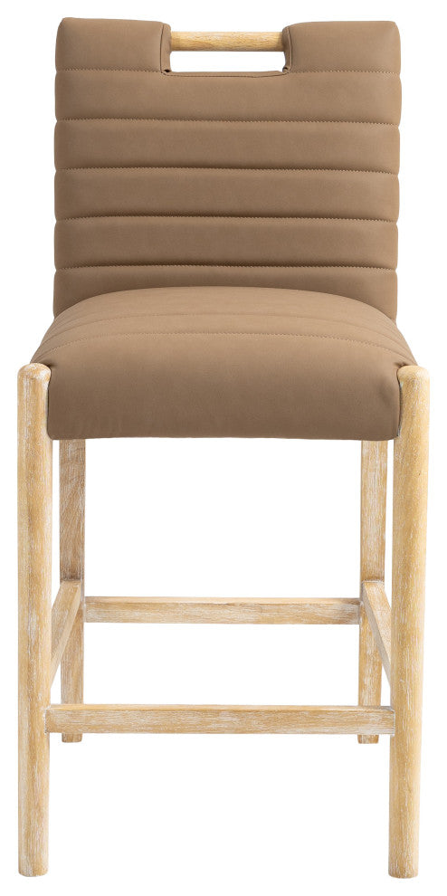 Aimee Upholstered Counter Stool, Brown, Vegan Leather, Natural Oak Finish