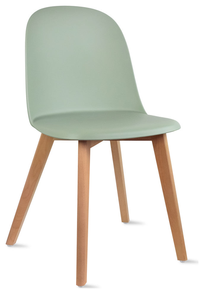 Set of 4 Modern Dining Side Chairs Molded Plastic With Round Back Wooden Legs, Green