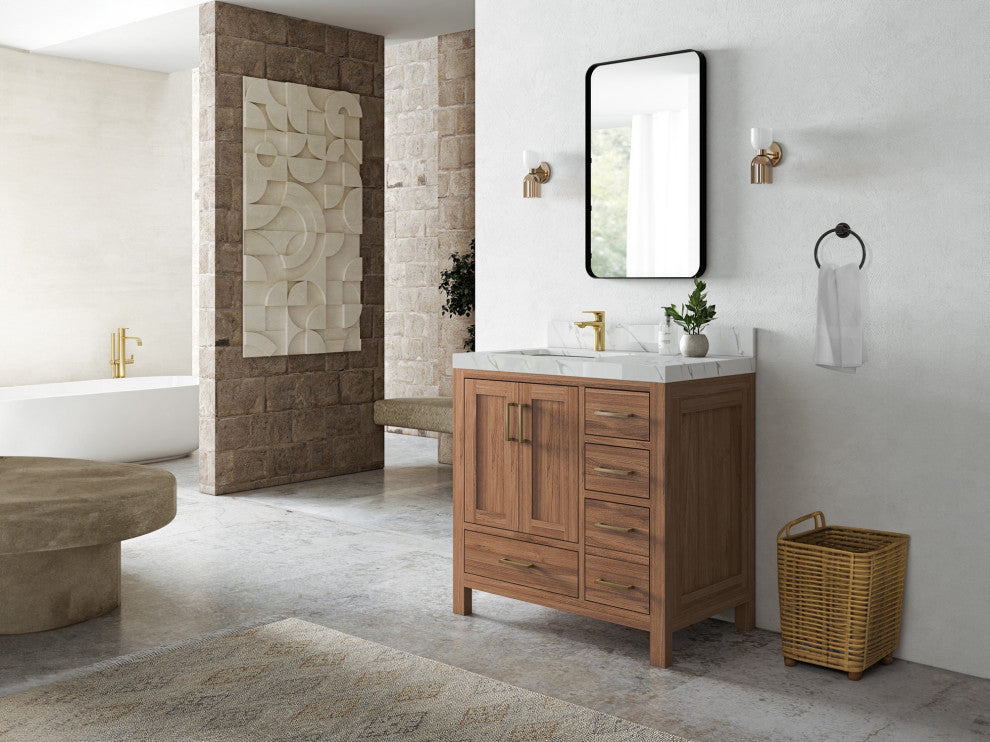 Malibu Teak 36" Left Offset Bath Vanity in Dark Natural  2" Viola Night