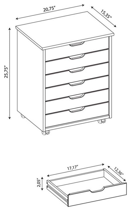 Riverbay Furniture Six Drawer Wide Wood Rolling Cart in White Wash