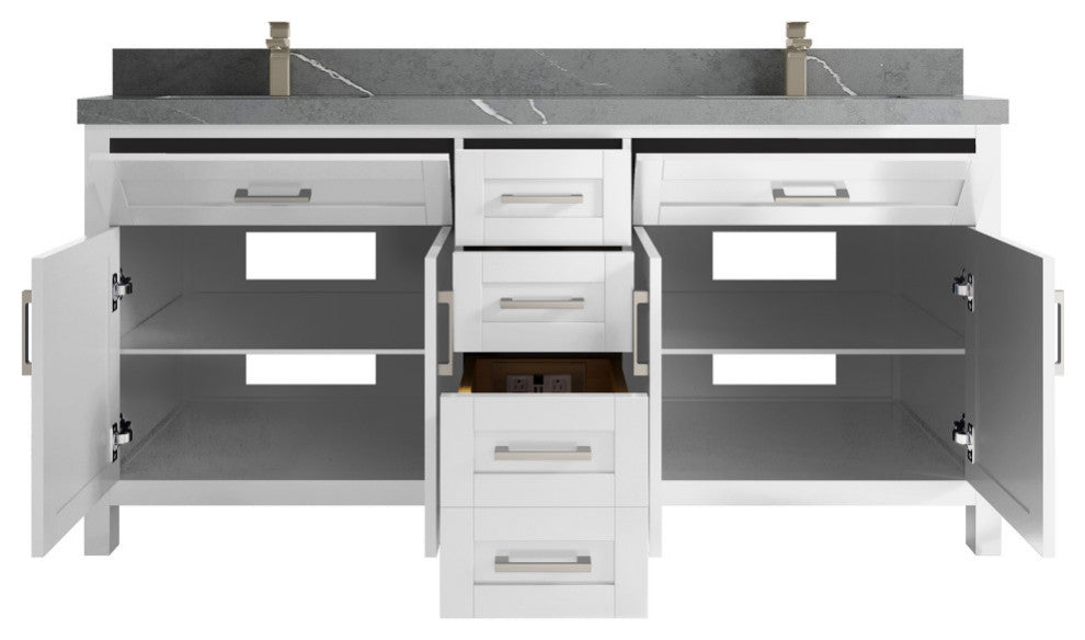 Cambridge 72 Double Sink Bath Vanity in White 2" Piatra Gray