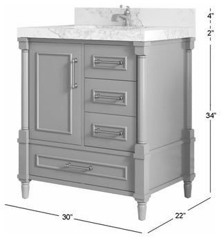 Aberdeen 30" Single Sink Bath Vanity, Alabaster 2" Carrara Marble