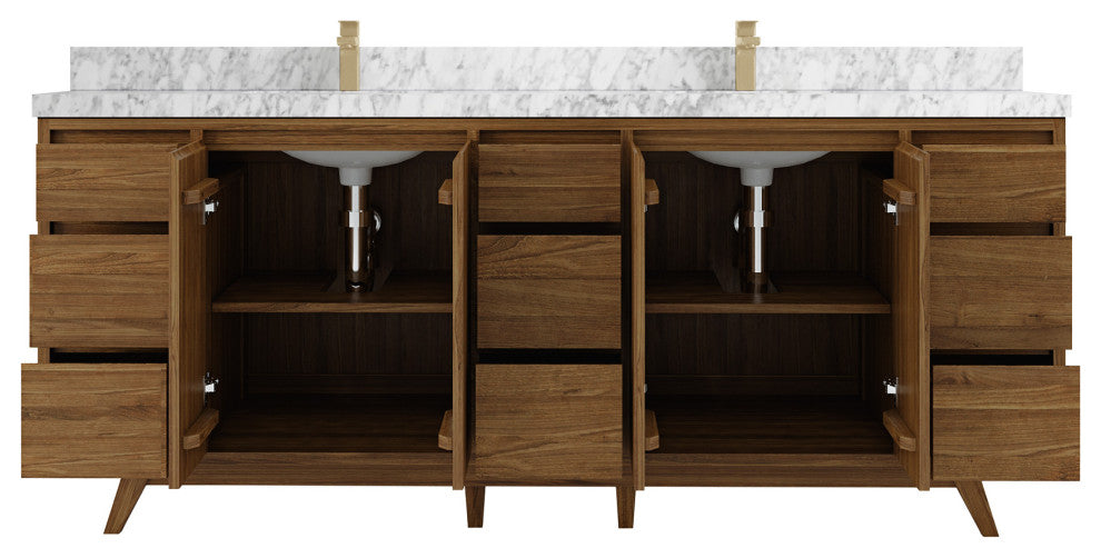 Madison Teak 84 Double Sink Bath Vanity in Dark Natural 2" Carrara Marble