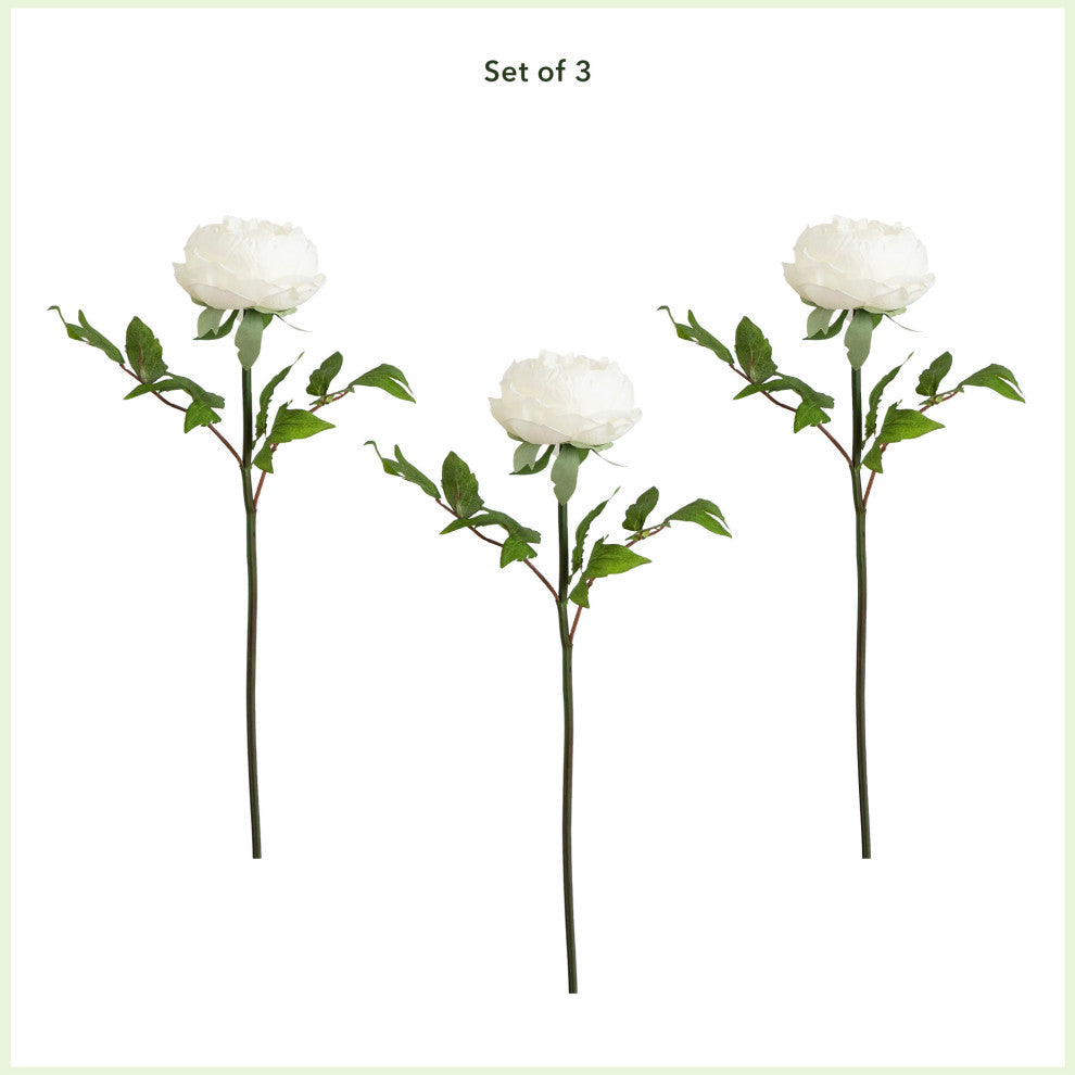 20in. Artificial Peony Flower Stems, Set of 3, White