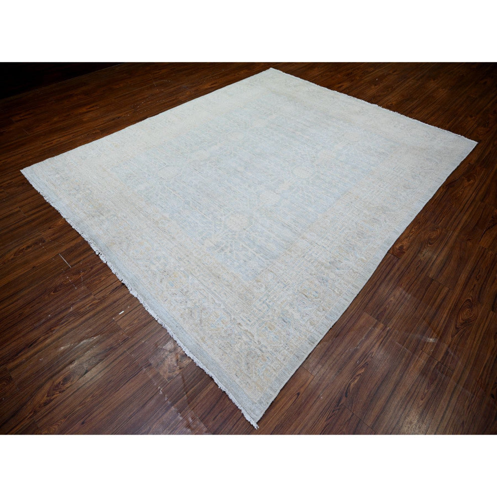 Blue Gray Washed Out Samarkand Pomegranate Design Hand Knotted Rug, 8'x9'8"
